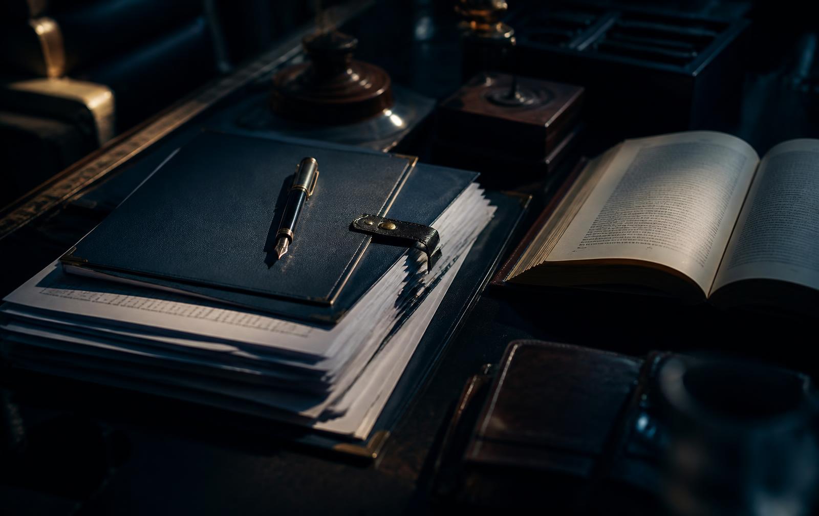 Mesa de trabalho jurídica com processos e documentos